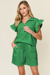 Hazel Blues® | Double Take Texture Flounce Sleeve Top and Drawstring Shorts Set