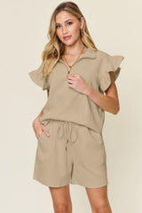 Hazel Blues® | Double Take Texture Flounce Sleeve Top and Drawstring Shorts Set