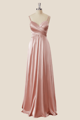 Blush Pink Pleated Satin A-line Long Bridesmaid Dress