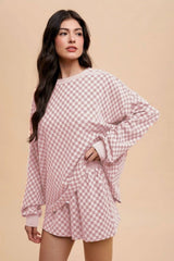 Hazel Blues® | Annie Wear Checkered Round Neck Top and Drawstring Shorts Set