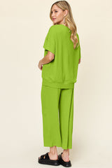 Hazel Blues® | Double Take Texture Round Neck Short Sleeve T-Shirt and Wide Leg Pants