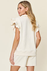 Hazel Blues® | Double Take Texture Flounce Sleeve Top and Drawstring Shorts Set