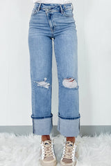 Hazel Blues® | Distressed Straight Jeans with Pockets