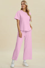 Hazel Blues® | Double Take Texture Round Neck Short Sleeve Top and Pants Set