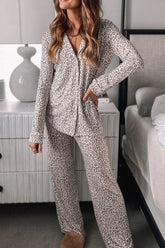 Hazel Blues® | Leopard Button Down Long Sleeve Top and Pants Lounge Set