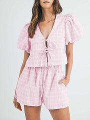 Hazel Blues® | V-Neck Puff Sleeve Top and Shorts Set