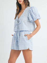 Hazel Blues® | V-Neck Puff Sleeve Top and Shorts Set