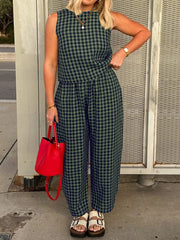 Hazel Blues® | Lovelet Plaid Round Neck Sleeveless Top and Pants Set