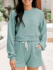Hazel Blues® | Ribbed Round Neck Long Sleeve Top and Shorts Set