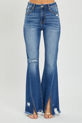 Hazel Blues® | RISEN High Rise Front Slit Frayed Hem Flare Jeans
