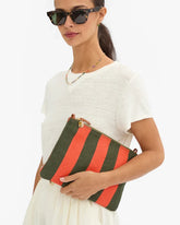 Clare V Flat Clutch w/Tabs, Army/Bright Poppy Canvas Stripe