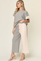 Hazel Blues® | Double Take Texture Contrast T-Shirt and Wide Leg Pants Set