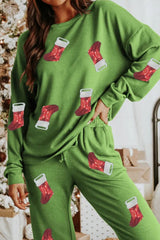 Hazel Blues® | Sequin Socks Round Neck Long Sleeve Top and Pants Lounge Set