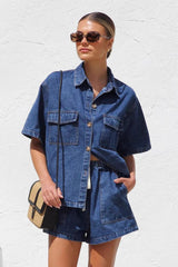 Hazel Blues® | Collared Neck Button Up Top and Shorts Denim Set