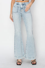 Hazel Blues® | Risen High Rise Front Patch Pocket Flare Jeans