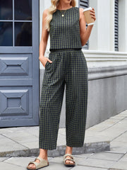 Hazel Blues® | Lovelet Plaid Round Neck Sleeveless Top and Pants Set