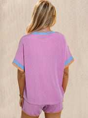 Hazel Blues® | OH Texture Round Neck Half Sleeve Top and Shorts Set