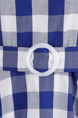 Deep V Neck Pink Plaid Gingham Swing Dress with Belt
