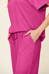 Hazel Blues® | Double Take Texture Round Neck Short Sleeve T-Shirt and Wide Leg Pants