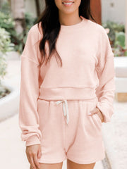 Hazel Blues® | Ribbed Round Neck Long Sleeve Top and Shorts Set