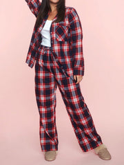 Hazel Blues® | Plaid Collared Neck Button Up Top and Pants Lounge Set
