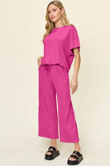 Hazel Blues® | Double Take Texture Round Neck Short Sleeve T-Shirt and Wide Leg Pants