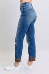 Hazel Blues® | Judy Blue Plaid Print Cuff Straight Leg Jeans with Pockets