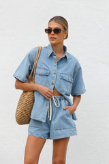 Hazel Blues® | Collared Neck Button Up Top and Shorts Denim Set