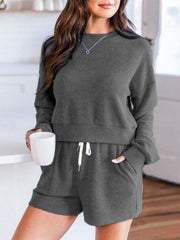 Hazel Blues® | Ribbed Round Neck Long Sleeve Top and Shorts Set