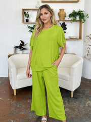 Hazel Blues® | Double Take Texture Round Neck Short Sleeve T-Shirt and Wide Leg Pants