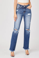 Hazel Blues® | Risen Raw Hem Distressed Straight Jeans