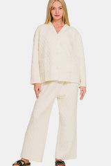 Hazel Blues® | Zenana Quilted Button Up Long Sleeve Top and Pants Lounge Set