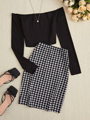 Hazel Blues® | Off-Shoulder Long Sleeve Top and Houndstooth Skirt Set