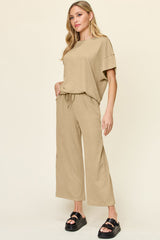 Hazel Blues® | Double Take Texture Round Neck Short Sleeve T-Shirt and Wide Leg Pants