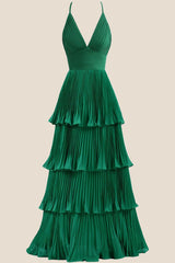 Emerald Green Pleated Empire Tiered A-line Party Dress