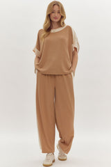 Hazel Blues® | Solid Ribbed Contrast Trim Wide Leg Pants in Camel