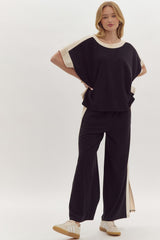 Hazel Blues® | Solid Ribbed Contrast Trim Wide Leg Pants in Black