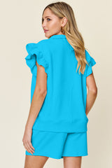 Hazel Blues® | Double Take Texture Flounce Sleeve Top and Drawstring Shorts Set