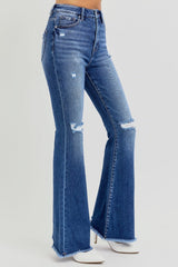 Hazel Blues® | RISEN High Rise Distressed Raw Hem Flare Jeans
