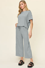 Hazel Blues® | Double Take Texture Round Neck Short Sleeve T-Shirt and Wide Leg Pants