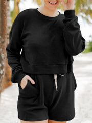 Hazel Blues® | Ribbed Round Neck Long Sleeve Top and Shorts Set
