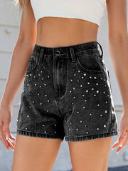 Hazel Blues® | Rhinestone Washed High Waist Denim Shorts