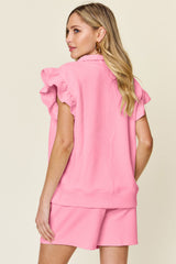 Hazel Blues® | Double Take Texture Flounce Sleeve Top and Drawstring Shorts Set