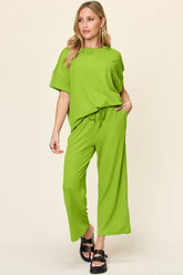 Hazel Blues® | Double Take Texture Round Neck Short Sleeve T-Shirt and Wide Leg Pants
