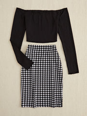 Hazel Blues® | Off-Shoulder Long Sleeve Top and Houndstooth Skirt Set