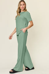 Hazel Blues® | Double Take Round Neck Short Sleeve T-Shirt and Wide Leg Pants Set