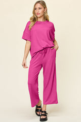 Hazel Blues® | Double Take Texture Round Neck Short Sleeve T-Shirt and Wide Leg Pants