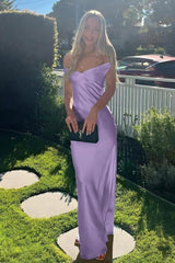 Off the Shoulder Sage Green Soft Satin Fitted Dress