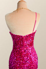 One Shoulder Fuchsia Sequin Mermaid Long Party Dress