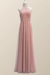 Halter Blush Pink Tulle Long Bridesmaid Dress